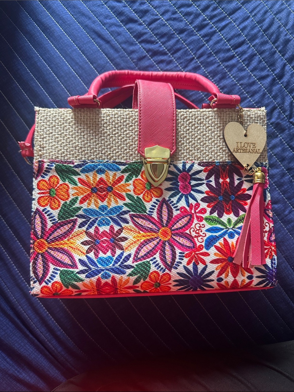 Pink Floral Embroidered Tote Bag